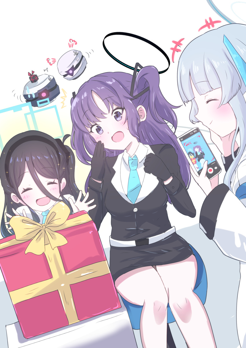 3girls absurdly_long_hair absurdres aris_(blue_archive) black_gloves black_hair black_hairband black_skirt blue_archive blue_halo blue_necktie blush box breasts cellphone closed_eyes closed_mouth collared_shirt gift gift_box giorgio_(yo_sumire_sola1) gloves grey_hair hairband halo highres himari_(blue_archive) holding holding_phone long_hair long_sleeves mechanical_halo medium_breasts multiple_girls necktie one_side_up open_mouth phone purple_hair shirt simple_background skirt smartphone smile very_long_hair violet_eyes white_background white_shirt yuuka_(blue_archive)