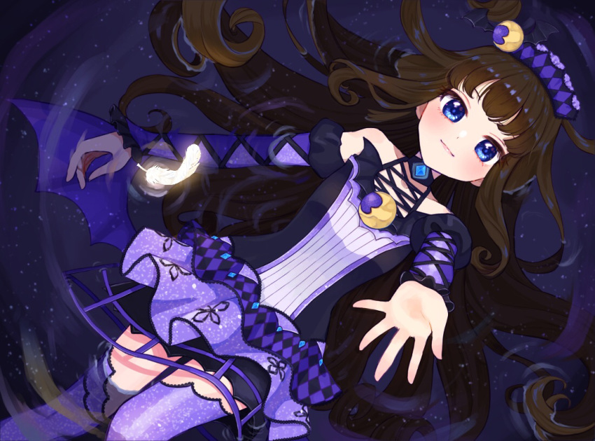 1girl blue_eyes breasts brown_hair closed_mouth commentary_request crescent detached_sleeves dress feathers feet_out_of_frame from_above hand_up idol_clothes jinno_(jin_c_kkry) kurosu_aroma long_hair looking_at_viewer lying on_back partially_submerged pretty_series pripara purple_dress purple_thighhighs purple_wings reaching reaching_towards_viewer sleeveless sleeveless_dress small_breasts smile solo thigh-highs water wings