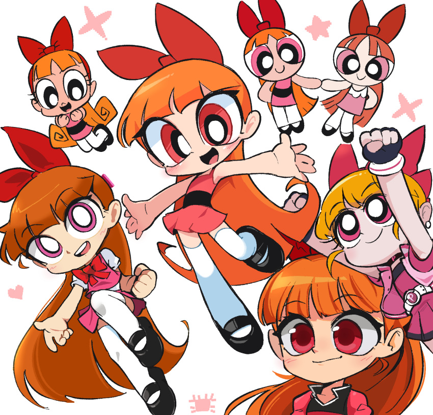 1girl :3 :d akazutsumi_momoko bare_arms black_footwear blossom_(ppg) blunt_bangs blush bow commentary dress english_commentary flat_chest foot_up full_body hair_bow highres imminent_hug kim_crab long_hair looking_at_viewer multiple_views open_mouth orange_hair pink_dress pink_eyes pink_shirt pink_skirt pink_vest powerpuff_girls powerpuff_girls_doujinshi powerpuff_girls_z red_bow red_dress red_eyes shirt shoes short_dress simple_background skirt sleeveless sleeveless_dress smile teeth thigh-highs tongue upper_teeth_only very_big_eyes very_long_hair vest white_background white_thighhighs