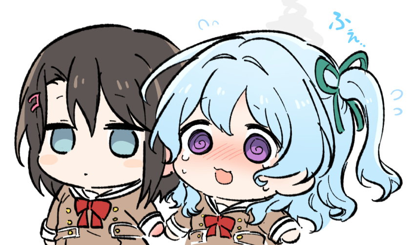 2girls @_@ bang_dream! black_hair blue_eyes blue_hair brown_dress buttons chibi chibi_only closed_mouth double-breasted double-parted_bangs dress expressionless flying_sweatdrops hair_ornament hairclip hanasakigawa_school_uniform head_steam holding_hands light_blue_hair long_sleeves matsubara_kanon medium_hair multiple_girls neck_ribbon okusawa_misaki one_side_up open_mouth opi red_ribbon ribbon sailor_dress school_uniform tears violet_eyes yuri