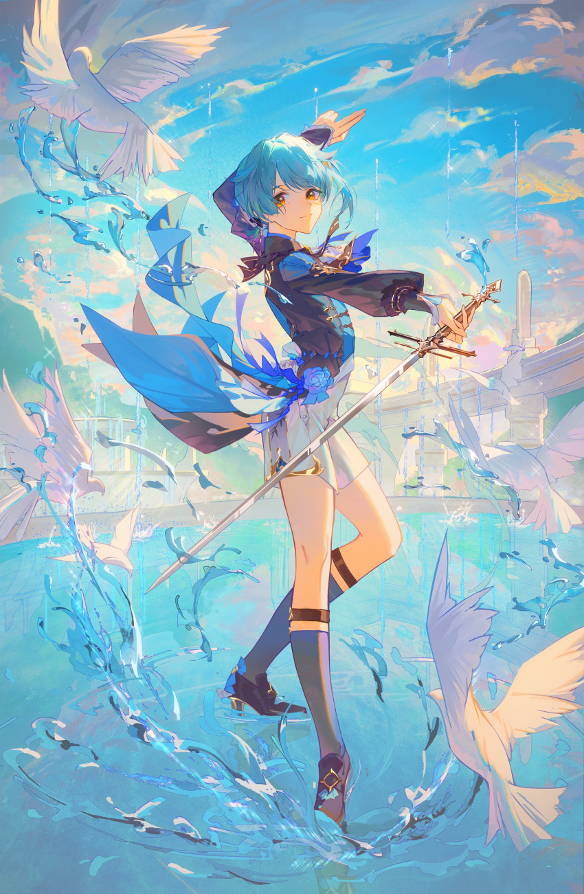 1boy absurdres androgynous arm_up ayanon_ite bird black_jacket blue_hair blue_shirt blue_sky blue_socks brown_eyes closed_mouth clouds day flock from_side genshin_impact hand_up high_collar high_heels highres holding holding_sword holding_weapon jacket long_sleeves looking_to_the_side male_focus official_alternate_costume outdoors scenery shirt short_hair shorts sideways_glance sky sleeves_past_wrists smile socks solo splashing standing standing_on_liquid sword water weapon white_bird white_shorts xingqiu_(bamboo_rain)_(genshin_impact) xingqiu_(genshin_impact)