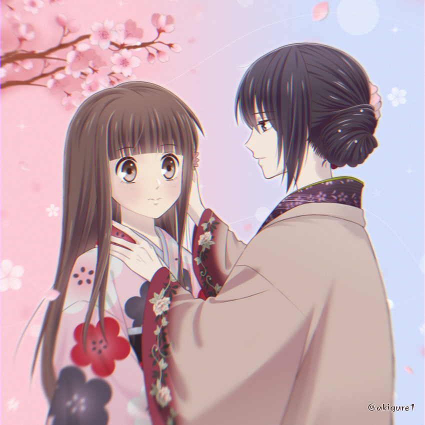 2girls akigure1 brown_eyes brown_hair cherry_blossoms fruits_basket hair_bun hand_on_another's_face hand_on_another's_shoulder haori highres honda_tohru japanese_clothes kimono light_blush long_hair multiple_girls pearl_hair_ornament purple_hair smile souma_akito twitter_username violet_eyes wide-eyed
