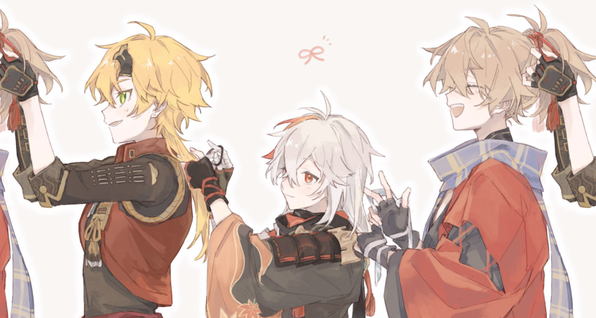 3boys adjusting_another's_hair akzr_12 armor bandaged_hand bandages black_gloves blonde_hair blue_scarf brown_hair closed_eyes closed_mouth crossed_bangs fingerless_gloves from_side genshin_impact gloves grey_background grey_hair hair_between_eyes hair_down hair_tie headband highres holding japanese_armor japanese_clothes kaedehara_kazuha kazuha's_friend_(genshin_impact) long_hair long_sleeves male_focus multicolored_hair multiple_boys multiple_views open_mouth ponytail red_eyes redhead scarf simple_background thoma_(genshin_impact) upper_body white_hair wide_sleeves