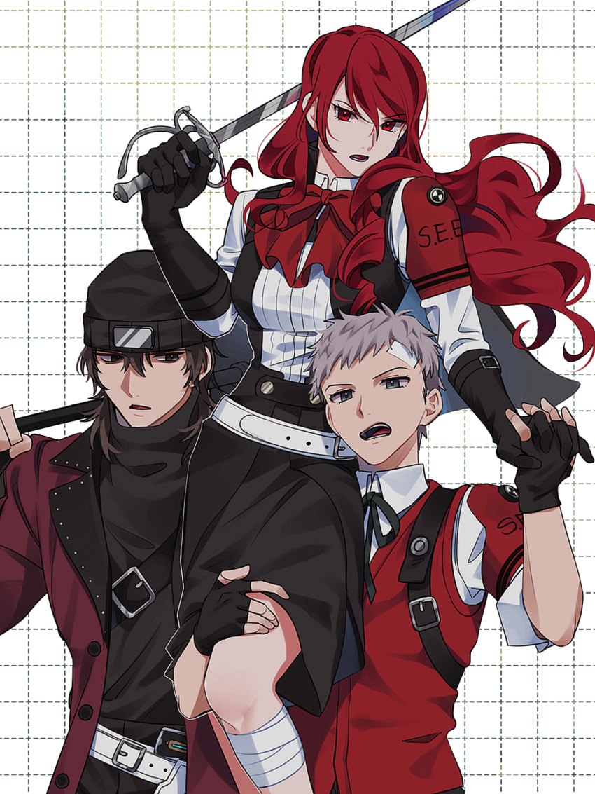 1girl 2boys aragaki_shinjirou armband beanie black_gloves bow brown_eyes brown_hair carrying carrying_person coat elut fingerless_gloves gekkoukan_high_school_uniform gloves grey_eyes grey_hair hair_between_eyes hat highres holding holding_hands holding_sword holding_weapon kirijou_mitsuru long_hair looking_at_another looking_at_viewer multiple_boys open_mouth partially_shaded_face persona persona_3 persona_3_reload red_armband red_eyes redhead ribbon s.e.e.s sanada_akihiko school_uniform shirt short_hair sword weapon