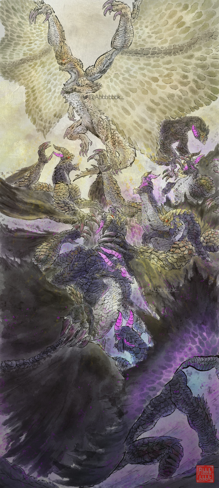 abbbbbbk absurdres artist_name chaotic_gore_magala claws dragon extra_arms flying gore_magala highres horns monster monster_hunter_(series) no_humans red_eyes scales shagaru_magala signature tail twitter_username wings