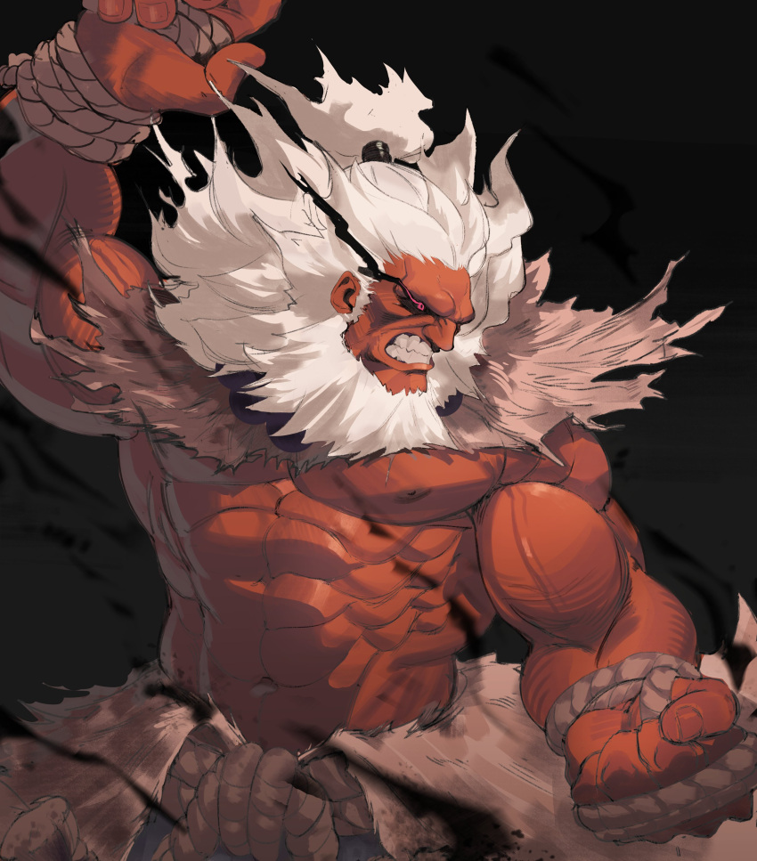 1boy absurdres akuma_(street_fighter) beard black_background black_sclera caprara clenched_teeth colored_sclera facial_hair glowing glowing_eyes highres male_focus muscular muscular_male ponytail red_eyes rope street_fighter street_fighter_6 teeth topless_male white_hair