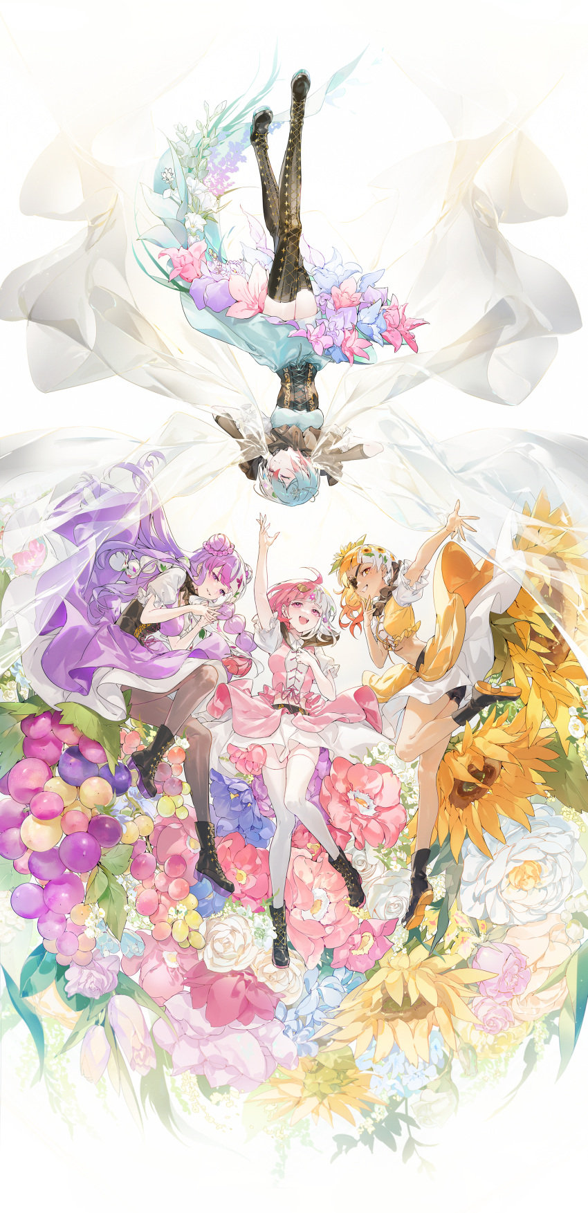 4girls :d absurdres ahoge arm_up autumn_(takt_op.) bird_hair_ornament black_corset black_footwear black_gloves black_shorts blue_dress blue_flower blue_hair blunt_bangs boots chap_sal_! circle_formation closed_eyes closed_mouth colored_shoe_soles corset crop_top cross-laced_footwear curtain_grab curtains double_bun dress flower flower_underskirt food fruit fruit_underskirt full_body gloves grapes grey_hair grin hair_bun hair_flower hair_ornament hand_to_own_mouth highres knee_up knees_together_feet_apart lace-up_boots layered_skirt leaf_hair_ornament leg_up medium_hair midriff mole mole_under_mouth multi-tied_hair multicolored_hair multiple_girls nail_polish neck_ruff outstretched_arm pantyhose parted_lips pink_eyes pink_flower pink_nails pink_rose pink_shirt pink_skirt print_hair puffy_short_sleeves puffy_sleeves purple_dress purple_flower purple_hair purple_nails rose seasons shirt short_sleeves shorts shorts_under_skirt skirt smile snowflake_hair_ornament split-color_hair spring_(takt_op.) steepled_fingers streaked_hair summer_(takt_op.) sunflower takt_op. tan teeth thigh-highs thigh_boots transparent_curtains tulip two-tone_skirt upper_teeth_only violet_eyes white_background white_flower white_hair white_rose white_skirt white_sleeves white_thighhighs winter_(takt_op.) yellow_eyes yellow_flower yellow_nails yellow_shirt yellow_skirt