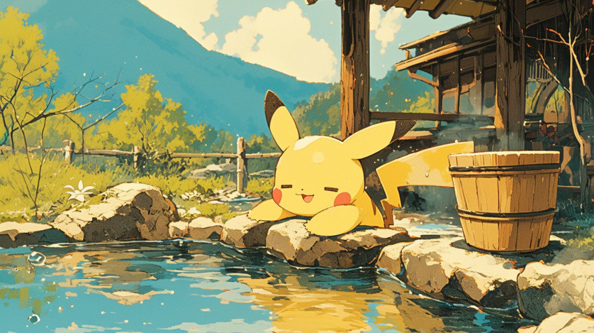 ai-generated blurry blurry_background brown_tail closed_eyes clouds grass mountain mouse onsen pikachu pokemon pokemon_(creature) reflection reflective_water solo tarte_(hodarake) tree water yellow_fur yellow_tail