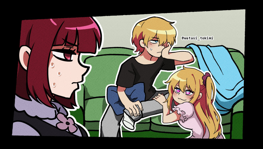1boy 2girls :3 arima_kana artist_name black_border black_shirt blanket blonde_hair blue_eyes bob_cut border brother_and_sister commentary_request couch highres hoshino_aquamarine hoshino_ruby korean_commentary looking_to_the_side multiple_girls nemlei_(style) oshi_no_ko outline pillow pink_eyes pink_shirt puffy_short_sleeves puffy_sleeves red_eyes redhead shirt short_hair short_sleeves siblings sitting star-shaped_pupils star_(symbol) sweatdrop symbol-shaped_pupils the_coffin_of_andy_and_leyley twitter_username watasi_tokimi white_outline