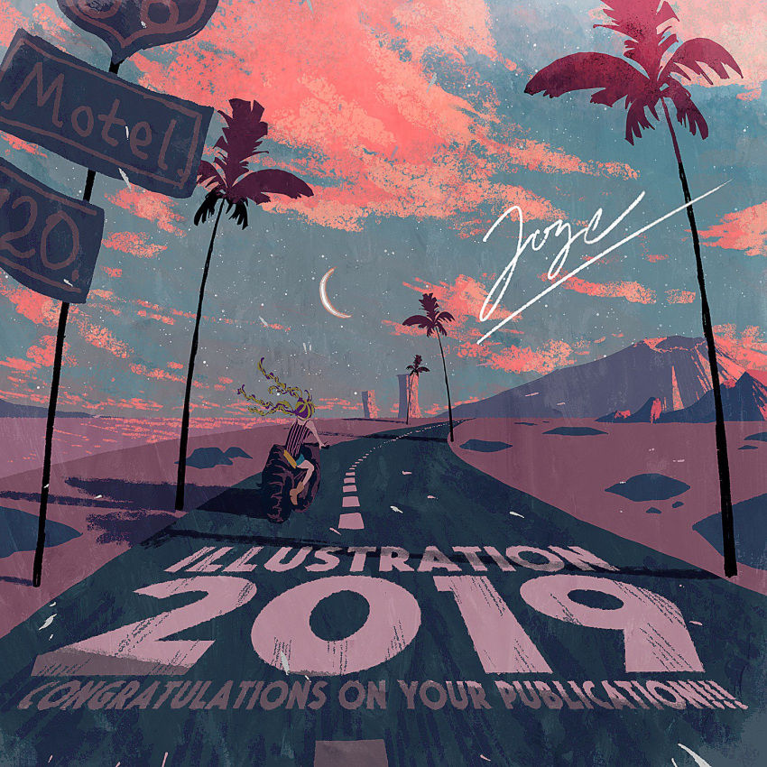 1girl 2019 blue_sky clouds cloudy_sky green_hair highres illustration.media joze motor_vehicle motorcycle mountain outdoors palm_tree quad_braids road shadow sign signature sky solo tree wide_shot