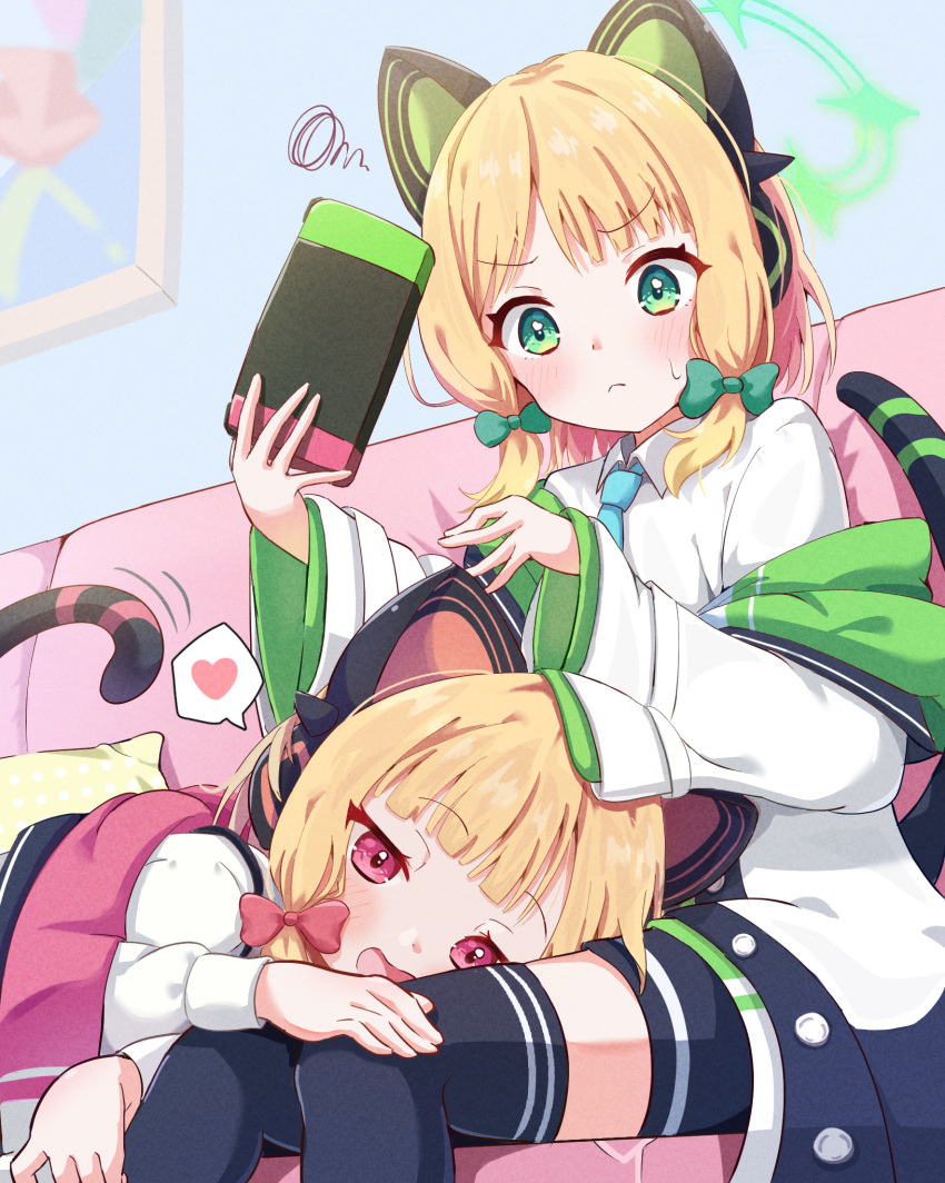 2girls animal_ear_headphones animal_ears black_shorts black_thighhighs blonde_hair blue_archive blue_necktie blush bow cat_ears cat_tail closed_mouth collared_shirt couch fake_animal_ears green_bow green_eyes green_halo hair_bow halo handheld_game_console headphones heart highres holding holding_handheld_game_console jacket lap_pillow midori_(blue_archive) mikumiku37 momoi_(blue_archive) multiple_girls necktie nintendo_switch open_mouth pink_bow pink_eyes shirt shorts sitting spoken_heart squiggle sweatdrop tail thigh-highs white_jacket white_shirt