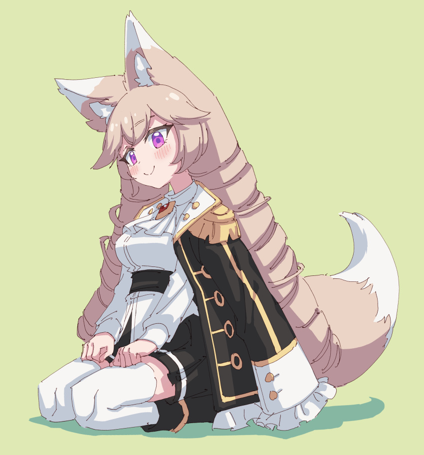 1girl absurdres animal_ear_fluff animal_ears ascot black_coat black_sash black_skirt blonde_hair blush breasts brooch closed_mouth coat coat_on_shoulders corsair_(maplestory) double-parted_bangs drill_hair epaulettes fox_ears fox_girl fox_tail gem green_background hands_on_own_thighs highres jewelry kemonomimi_mode long_hair long_sleeves maplestory medium_breasts miniskirt pleated_skirt red_gemstone rune_(dualhart) sash shadow shirt simple_background single_horizontal_stripe sitting skirt smile solo split_mouth tail thigh-highs very_long_hair violet_eyes wariza white_ascot white_shirt white_thighhighs zettai_ryouiki