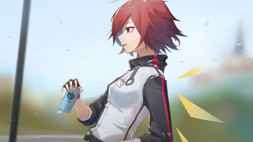 1girl arknights black_gloves black_jacket blurry blurry_background brown_eyes can chinese_commentary commentary_request detached_wings drink drink_can e_hun_touzi exusiai_(arknights) fingerless_gloves from_side gloves highres holding holding_drink jacket lanyard looking_ahead open_mouth profile redhead short_hair sleeves_pushed_up solo upper_body vest white_vest wings