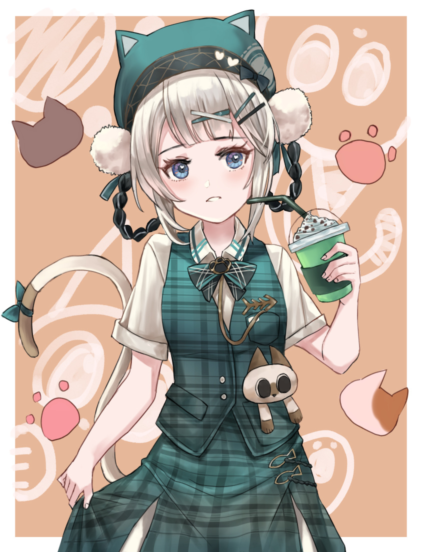 1girl absurdres alternate_costume animal_ear_headwear animal_ears bambinata_(punishing:_gray_raven) beret black_hair blue_eyes bow braided_hair_rings cat_ears cat_tail checkered_clothes checkered_skirt drinking_straw fish_bone food food_request green_bow green_headwear green_jacket green_skirt grey_hair grey_shirt hair_ornament hairclip hat heart heart-shaped_pupils highres holding holding_food jacket mochigana multicolored_hair parted_lips pom_pom_(clothes) punishing:_gray_raven shirt short_sleeves skirt solo stuffed_animal stuffed_cat stuffed_toy symbol-shaped_pupils tail two-tone_hair x_hair_ornament