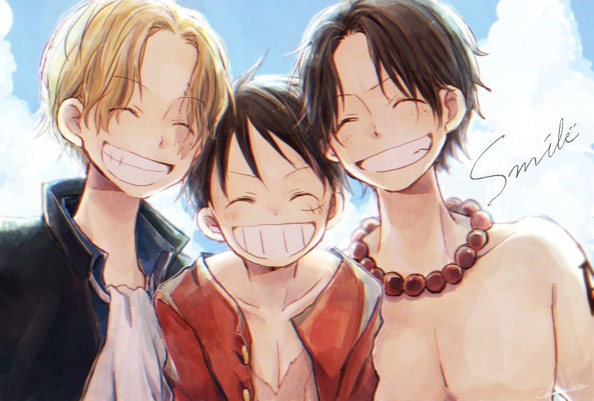 3boys ^_^ arm_tattoo ascot black_coat black_hair blonde_hair blue_shirt closed_eyes clouds coat collared_coat collared_shirt commentary_request freckles highres jewelry male_focus monkey_d._luffy multiple_boys necklace nekochanko1 one_piece open_clothes open_shirt portgas_d._ace red_shirt sabo_(one_piece) scar scar_on_chest scar_on_face shirt short_hair sky smile tattoo topless_male white_ascot