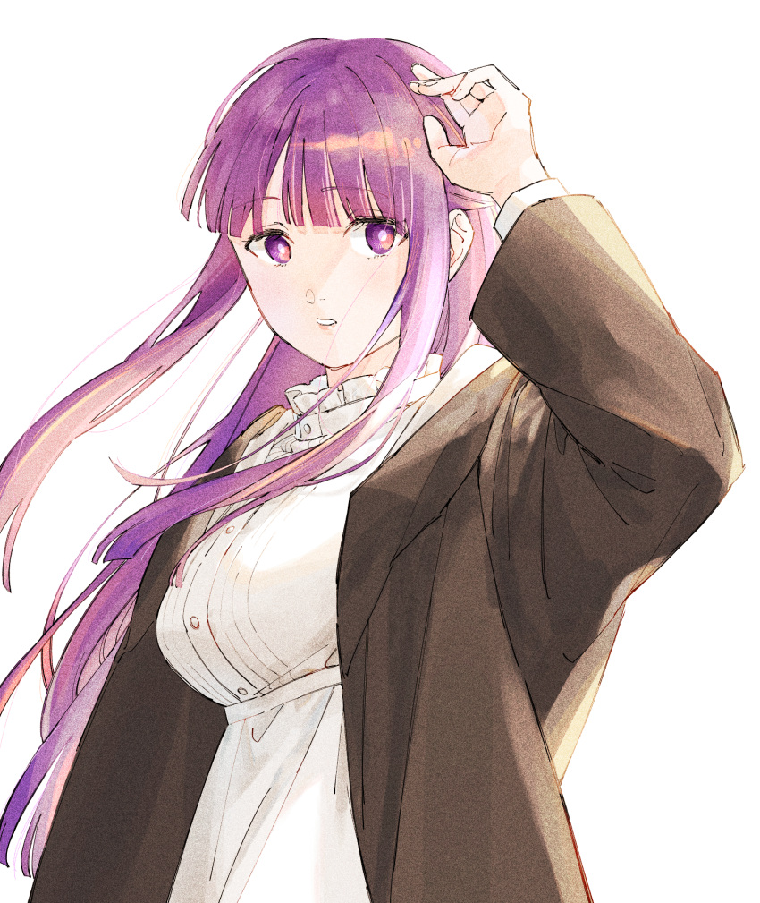 1girl arm_up blunt_bangs breasts brown_robe commentary_request dress fern_(sousou_no_frieren) highres long_hair long_sleeves looking_at_viewer mamechi medium_breasts open_clothes open_robe parted_lips purple_hair robe simple_background solo sousou_no_frieren upper_body violet_eyes white_background white_dress