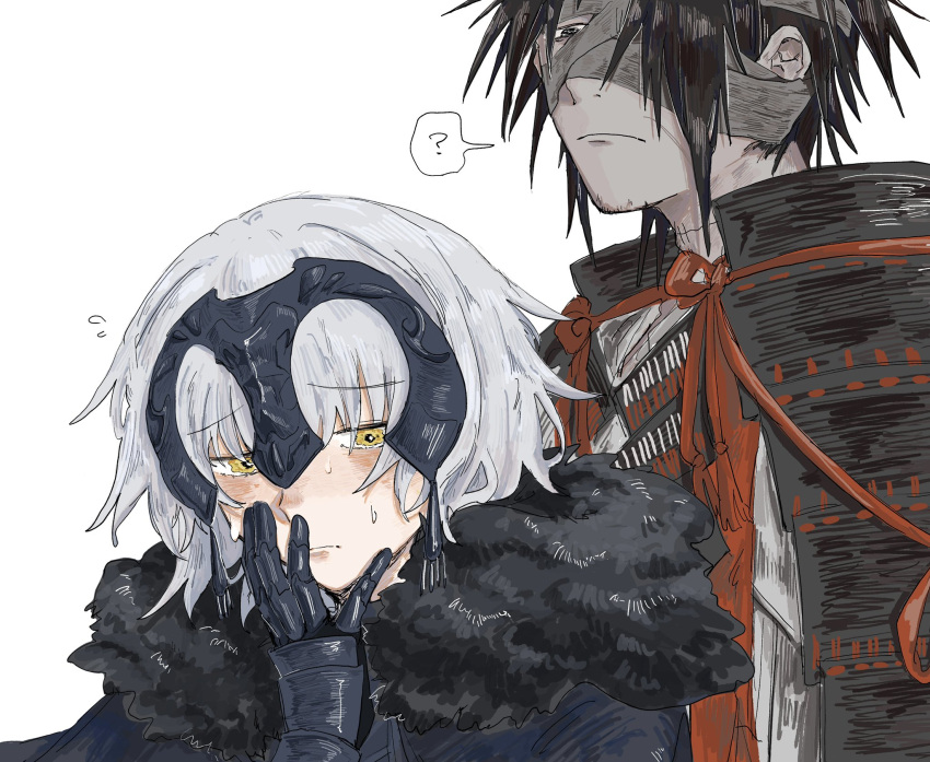 1boy 1girl ? armor bandaged_head bandages black_hair chiemon_(fate) closed_mouth fate/samurai_remnant fate_(series) fur_trim hand_to_own_mouth headpiece highres japanese_armor japanese_clothes jeanne_d'arc_alter_(fate) jeanne_d'arc_alter_(lancer)_(fate) light_blush looking_at_another looking_down one_eye_covered ruda_(ruda_0616_tfj) short_hair shoulder_armor simple_background sode spoken_question_mark sweat upper_body white_background white_hair yellow_eyes
