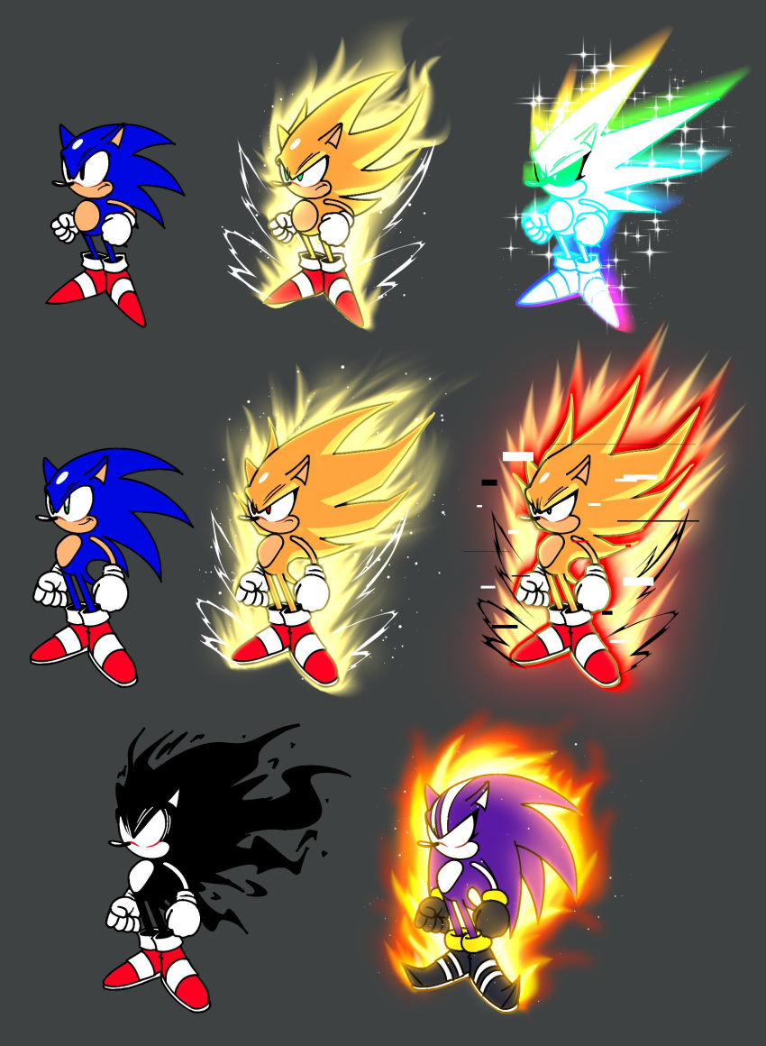 aura dark_sonic darkspine_sonic frown gloves glowing glowing_eyes green_eyes grey_background highres hyper_sonic maxoke multiple_persona red_eyes red_footwear serious smile sonic_(series) sonic_and_the_secret_rings sonic_frontiers sonic_the_hedgehog sonic_the_hedgehog_(classic) sonic_the_hedgehog_3 sonic_x sparkle spiky_hair super_sonic super_sonic_2 white_gloves
