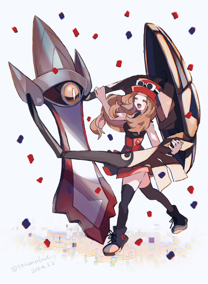 1girl :d aegislash alternate_color amezawa_koma artist_name black_thighhighs boots brown_hair closed_eyes commentary_request confetti cross-laced_footwear dancing dated eyewear_on_headwear floating hat highres long_hair pokemon pokemon_(creature) pokemon_xy red_headwear red_skirt serena_(pokemon) shiny_pokemon simple_background skirt smile sunglasses thigh-highs white-framed_eyewear white_background