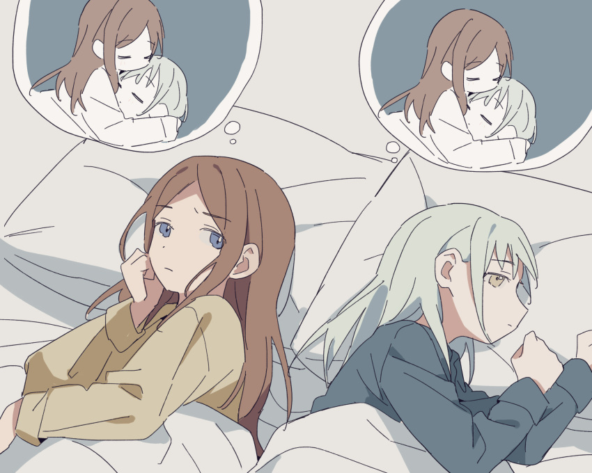 2girls bang_dream! bang_dream!_it's_mygo!!!!! blue_shirt brown_hair brown_shirt chihaya_anon coldcat. grey_hair hand_on_own_cheek hand_on_own_face heterochromia highres kaname_raana long_hair long_sleeves lying multiple_girls nagasaki_soyo on_bed on_side parted_bangs pillow profile shirt sidelocks thought_bubble under_covers yellow_eyes yuri