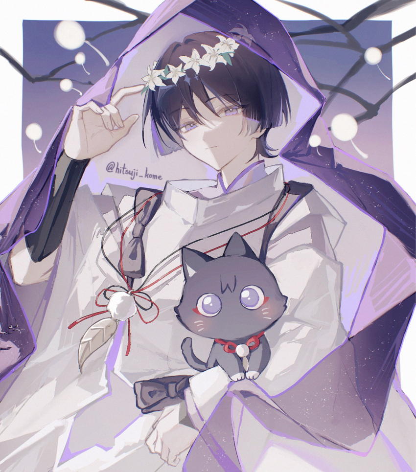 1boy 329kome adjusting_clothes adjusting_headwear animal black_cat black_hair black_sash cat closed_mouth flower genshin_impact hand_up head_wreath high_collar highres holding holding_animal holding_cat jewelry long_sleeves male_focus necklace purple_hair purple_shirt purple_veil sash scaramouche_(cat)_(genshin_impact) scaramouche_(genshin_impact) scaramouche_(kabukimono)_(genshin_impact) shirt short_hair simple_background solo tabard twitter_username violet_eyes white_flower white_tabard wide_sleeves