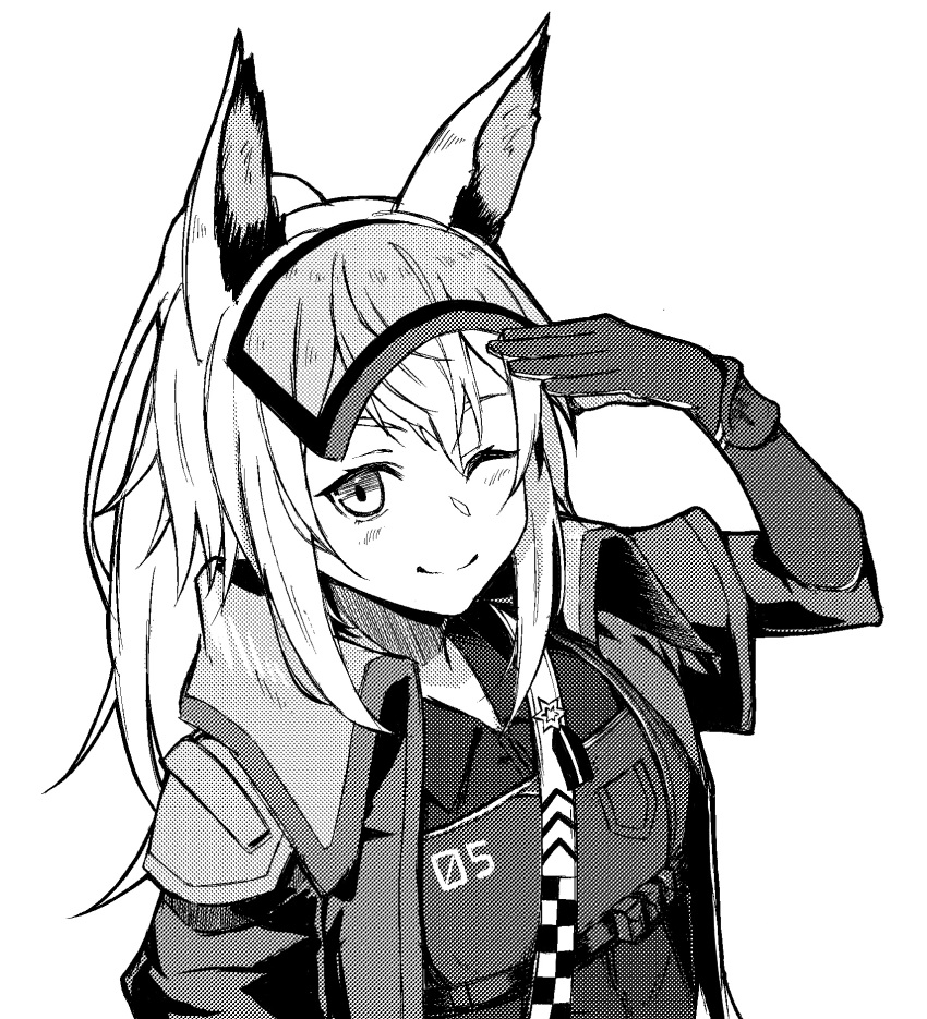 1girl animal_ears arknights arm_at_side assault_visor blush closed_mouth collared_shirt elbow_gloves gloves grani_(arknights) greyscale hair_between_eyes halftone hand_on_own_head highres horse_ears horse_girl jacket long_hair long_sleeves looking_at_viewer monochrome one_eye_closed open_clothes open_jacket ponytail shirt sidelocks smile solo tubuan_(tubuan03) upper_body vest