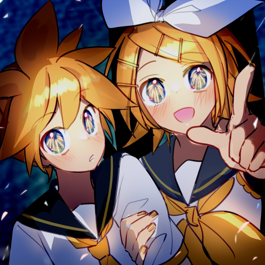 1boy 1girl aerial_fireworks blonde_hair blush bow eye_reflection fireworks hair_bow hair_ornament hairclip highres holding_another's_arm nail_polish neckerchief nyaumineko open_mouth parted_lips pointing reflection sailor_collar short_hair short_sleeves sketch smile spiky_hair vocaloid