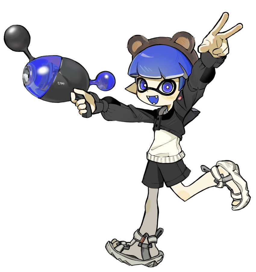 1boy :d animal_ear_hairband animal_ears bear_ears black_hoodie black_shorts blue_eyes blue_hair bright_pupils brown_hairband closed_mouth commentary commission fake_animal_ears fangs full_body gun hairband highres hiking_sandals holding holding_gun holding_weapon hood hoodie inkling inkling_boy inkling_player_character long_hair looking_at_viewer luna_blaster_(splatoon) male_focus pointy_ears sandals shorts simple_background smile solo splatoon_(series) splatoon_3 standing standing_on_one_leg tentacle_hair two-tone_hoodie w weapon white_background white_footwear white_hoodie white_pupils yabi_(akfkzkcl)