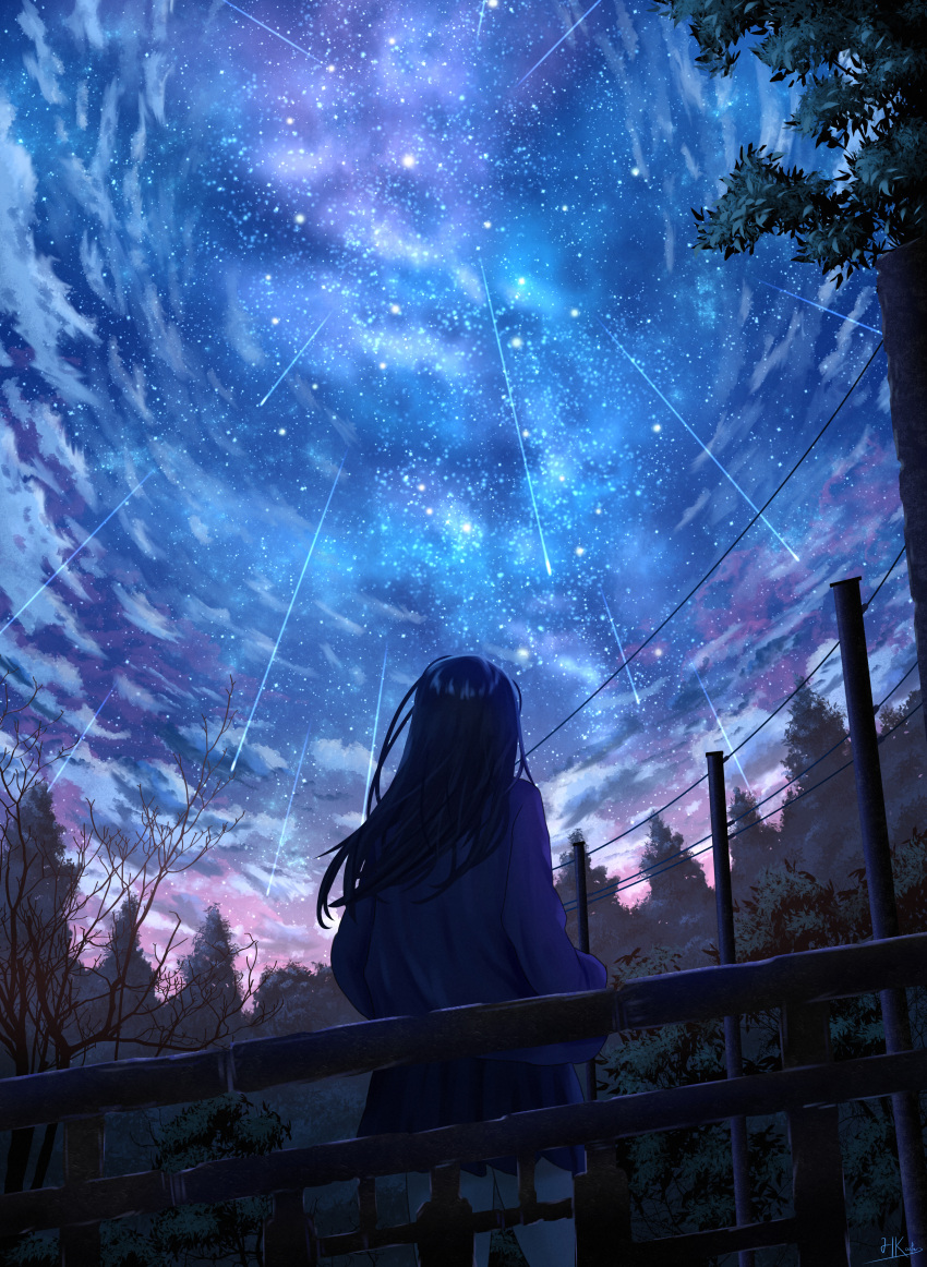 1girl absurdres against_railing black_hair blue_jacket blue_skirt clouds cloudy_sky evening facing_up feet_out_of_frame forest from_behind hands_in_pockets highres hkcutie jacket landscape legs_apart long_hair miniskirt nature night night_sky original outdoors pleated_skirt railing scenery shooting_star signature skirt sky solo star_(sky) starry_sky straight_hair tree wide_shot