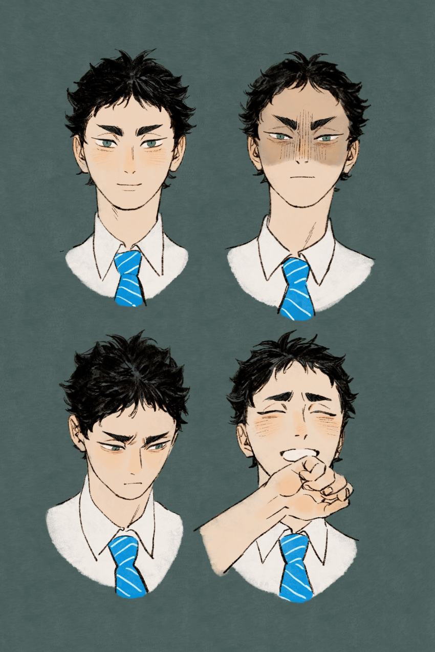 1boy akaashi_keiji black_hair blue_necktie chengongzi123 closed_eyes closed_mouth collared_shirt expressions green_eyes grey_background grin haikyuu!! hand_up hashtag_only_commentary highres looking_at_viewer male_focus multiple_views necktie portrait shaded_face shirt short_hair simple_background smile striped_necktie very_short_hair white_shirt