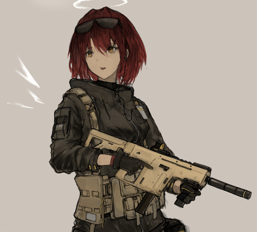 1girl arknights black_gloves black_jacket brown_background cowboy_shot earphones exusiai_(arknights) exusiai_(wild_operation)_(arknights) eyewear_on_head gloves gun hair_between_eyes halo highres holding holding_gun holding_weapon jacket komegu_619 kriss_vector long_sleeves looking_to_the_side official_alternate_costume open_mouth redhead short_hair simple_background solo submachine_gun sunglasses teeth trigger_discipline upper_teeth_only weapon white_halo yellow_eyes zipper