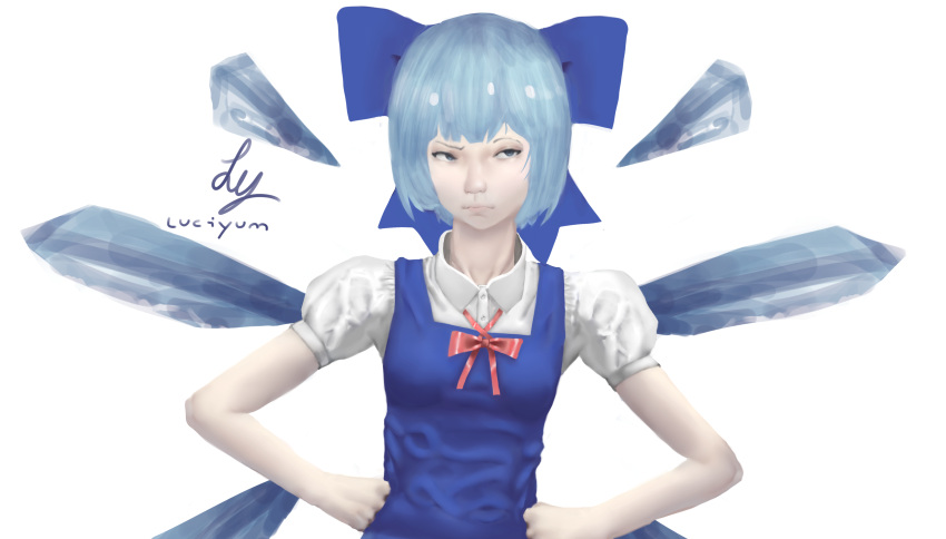 1girl absurdres blue_bow blue_dress blue_eyes blue_hair bow cirno cropped dress gradient_eyes hair_bow highres ice ice_wings luciyum multicolored_eyes non-web_source profile realistic red_bow revision shirt short_hair solo touhou white_background white_shirt wings