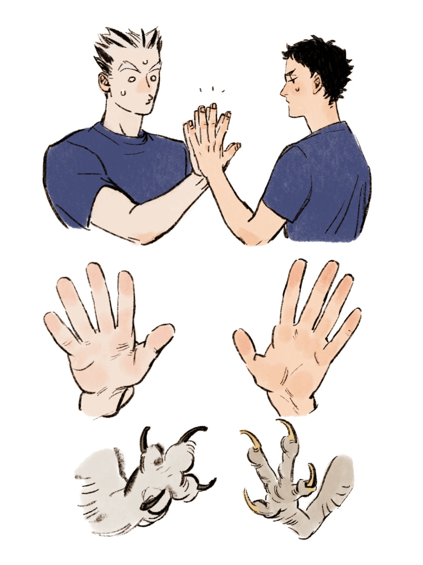 2boys akaashi_keiji black_hair blue_shirt bokuto_koutarou chengongzi123 closed_mouth disembodied_limb grey_hair haikyuu!! hand_up highres holding_hands male_focus multiple_boys o_o puckered_lips shirt short_hair short_sleeves simple_background spread_fingers t-shirt talons thick_eyebrows upper_body very_short_hair white_background