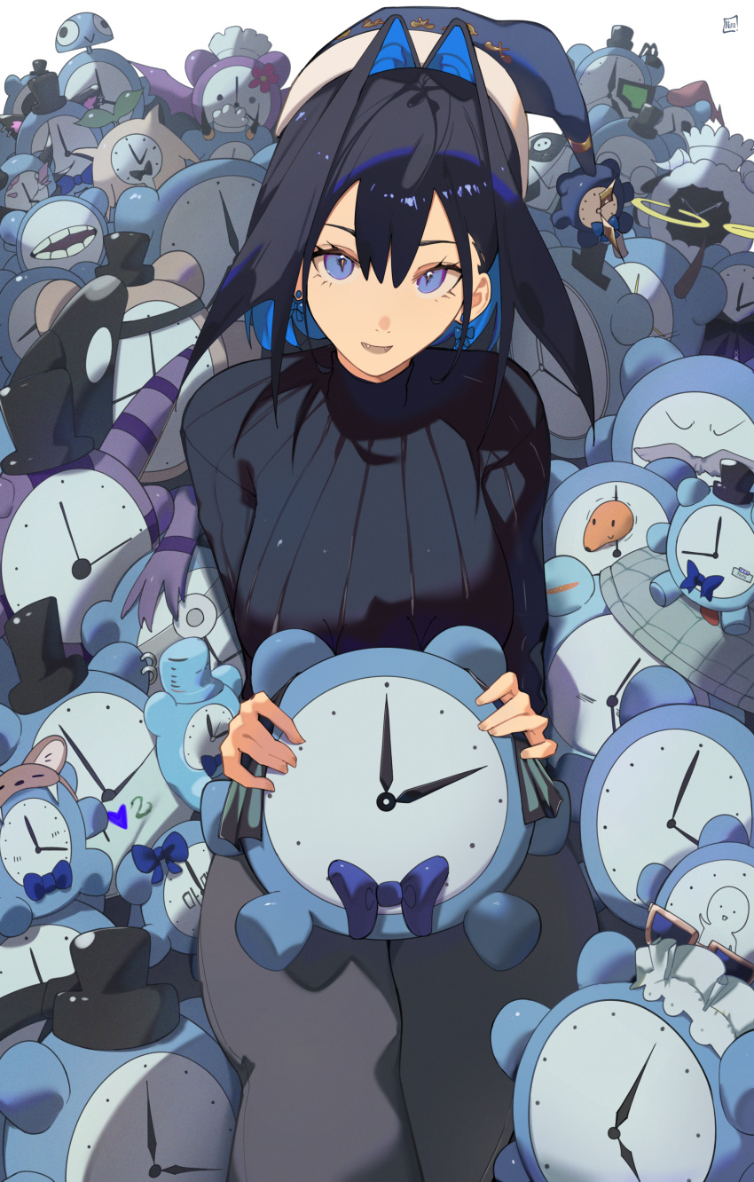 1girl absurdres analog_clock black_hair black_sweater blue_eyes blue_hair clock eyelashes facing_viewer fang grey_pants hair_between_eyes hair_intakes hat highres holding hololive hololive_english jewelry kronie_(ouro_kronii) looking_at_viewer o22no open_mouth ouro_kronii pants ribbed_sweater ribbon_earrings short_hair slit_pupils smile solo_focus sweater virtual_youtuber