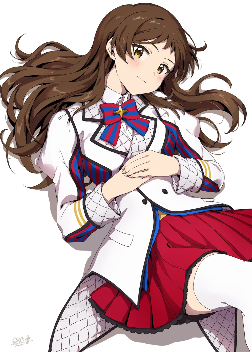 1girl ayano_yuu_(sonma_1426) blue_bow blue_bowtie blush bow bowtie brown_hair buttons closed_mouth collared_shirt feet_out_of_frame frilled_skirt frills hair_spread_out head_tilt highres idolmaster idolmaster_million_live! jacket kitazawa_shiho knee_up layered_clothes long_hair long_sleeves looking_at_viewer lying miniskirt on_back own_hands_together parted_bangs pleated_skirt quilted_jacket red_bow red_bowtie red_skirt shirt sidelocks signature simple_background skirt smile solo striped_bow striped_bowtie striped_clothes thigh-highs white_background white_jacket white_shirt white_thighhighs yellow_eyes zettai_ryouiki