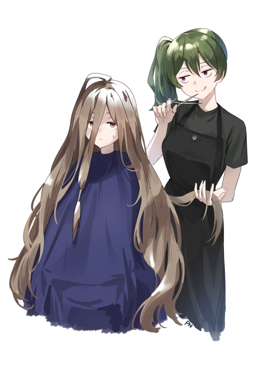 2girls :q ahoge apron barber_cape black_apron black_shirt brown_eyes brown_hair closed_mouth cutting_hair expressionless green_hair grey_shirt hair_between_eyes hand_up highres holding holding_another's_hair holding_scissors initial licking_lips long_bangs long_hair looking_at_another looking_at_viewer multiple_girls ponytail profnote revision scissors sense_(sousou_no_frieren) shirt short_sleeves side_ponytail sidelocks smile sousou_no_frieren split_mouth sweatdrop t-shirt tongue tongue_out ubel_(sousou_no_frieren) very_long_hair violet_eyes white_background
