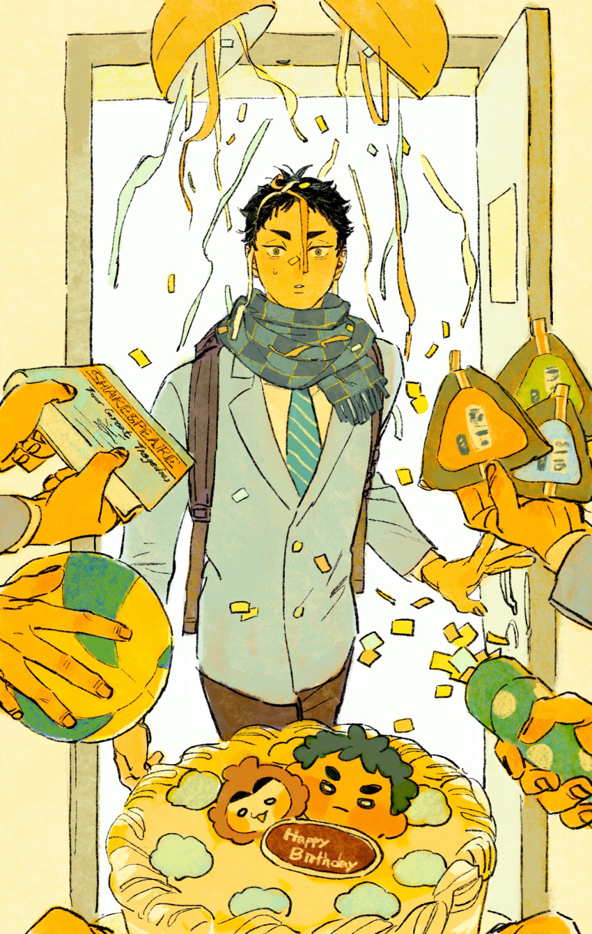 1boy akaashi_keiji backpack bag ball birthday black_hair blue_jacket blue_necktie blue_scarf book cake chengongzi123 collared_jacket confetti constricted_pupils disembodied_limb door food green_eyes haikyuu!! highres holding holding_ball holding_book jacket long_sleeves looking_at_viewer male_focus necktie parted_lips party_popper scarf short_hair standing striped_necktie upper_body very_short_hair volleyball yellow_background