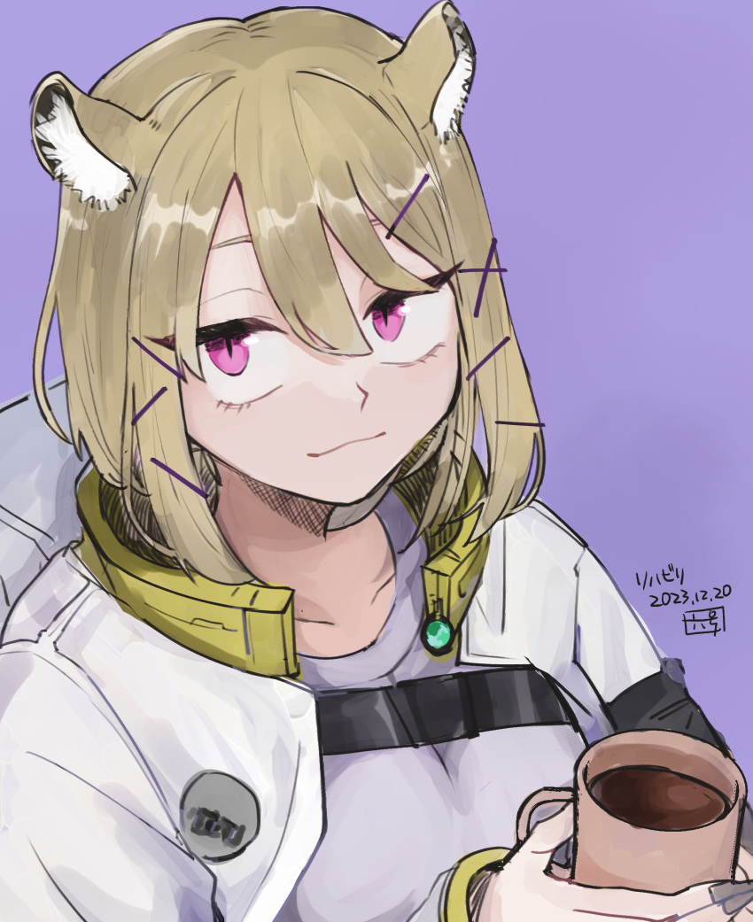 1girl animal_ear_fluff animal_ears arknights breasts closed_mouth cup dated grey_nails hair_between_eyes hair_ornament hairclip highres holding holding_cup jacket light_brown_hair long_sleeves looking_at_viewer mug open_clothes open_jacket pink_eyes purple_background rokugou_(tokiwa_rokugou) signature simple_background solo upper_body utage_(arknights) white_jacket