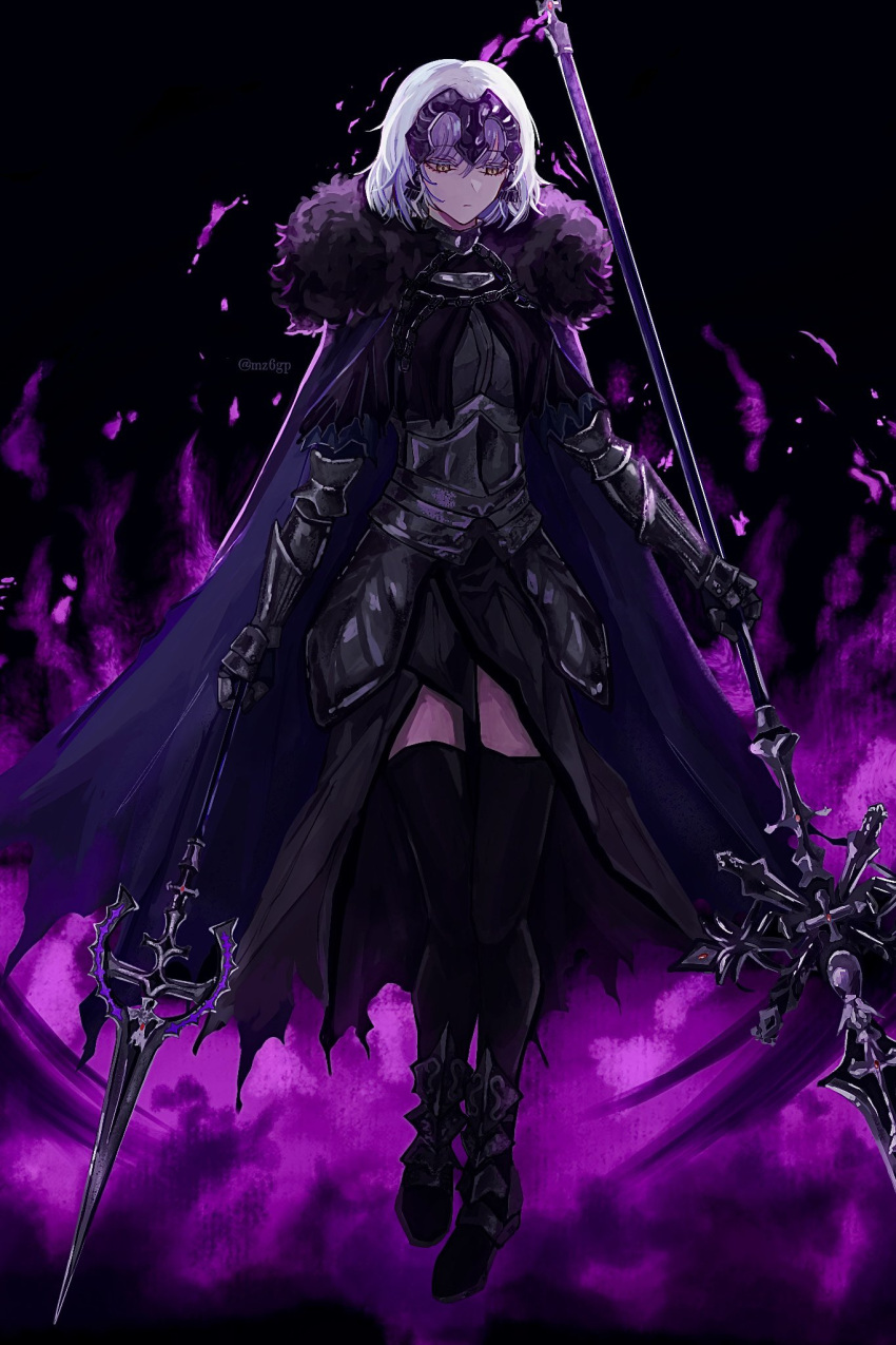 1girl armor black_background black_thighhighs cape chain closed_mouth dual_wielding expressionless fate/samurai_remnant fate_(series) fire full_body fur-trimmed_cape fur_trim gauntlets headpiece highres holding holding_polearm holding_weapon jeanne_d'arc_alter_(fate) jeanne_d'arc_alter_(lancer)_(fate) long_sleeves looking_down mz6gp polearm purple_cape purple_fire sabaton short_hair solo thigh-highs twitter_username weapon white_hair