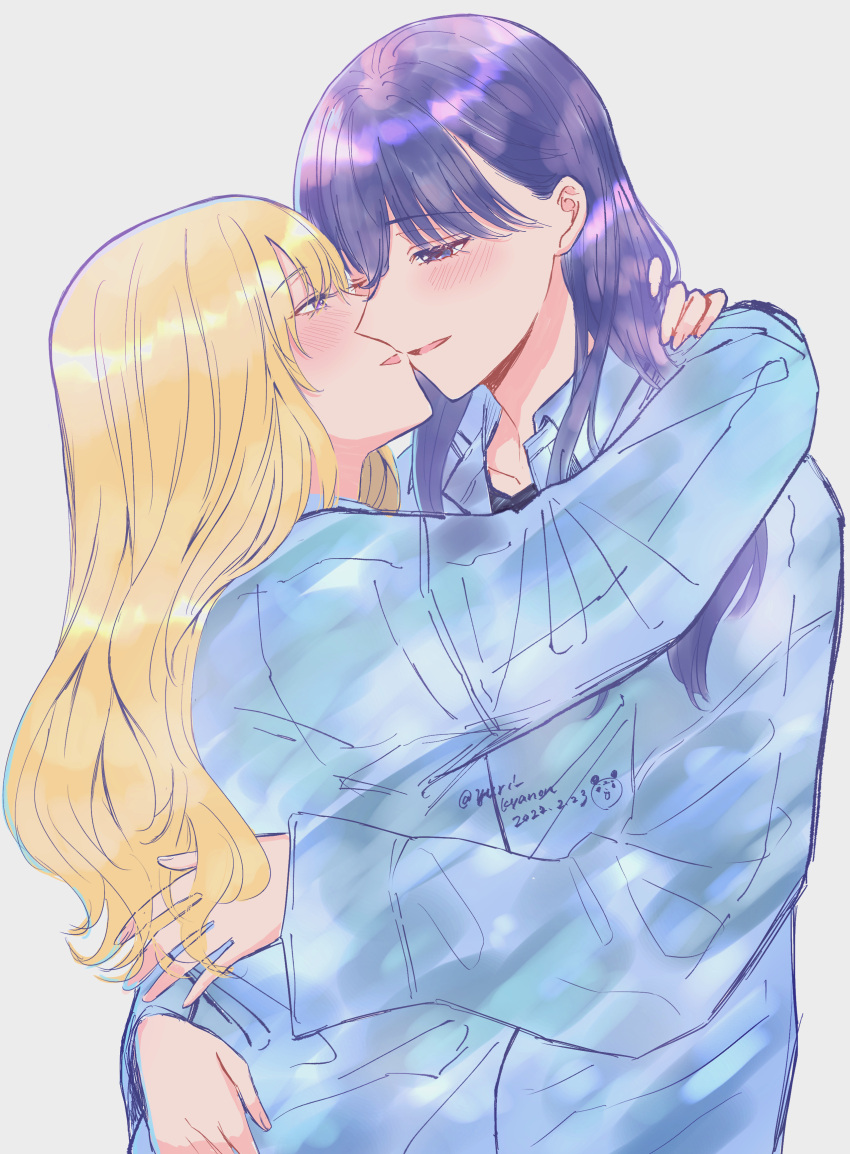 2girls absurdres arms_around_neck blonde_hair blue_shirt blush commentary_request dated grey_background hands_on_another's_back highres hug kiss long_hair long_sleeves multiple_girls noses_touching original parted_lips pink_eyes purple_hair shirt simple_background smile twitter_username violet_eyes yuri yuri_kyanon
