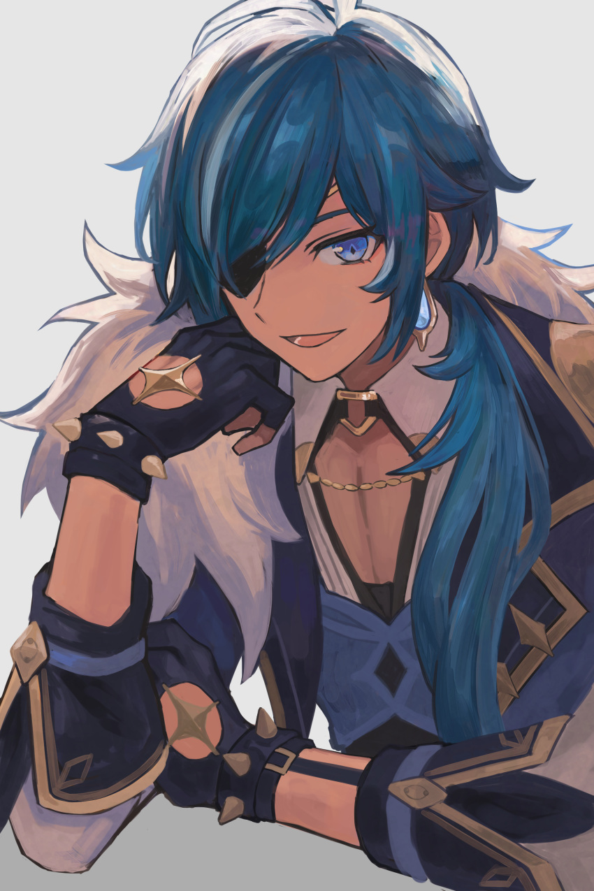 1boy absurdres alca8811 black_gloves blue_eyes blue_hair blue_jacket blue_vest cape cleavage_cutout clothing_cutout dark-skinned_male dark_skin diamond-shaped_pupils diamond_(shape) earrings eyepatch fingerless_gloves fur-trimmed_cape fur_trim genshin_impact gloves hand_on_own_face highres jacket jewelry kaeya_(genshin_impact) long_hair looking_at_viewer male_focus open_mouth shirt simple_background solo spiked_gloves symbol-shaped_pupils upper_body vest white_background white_shirt