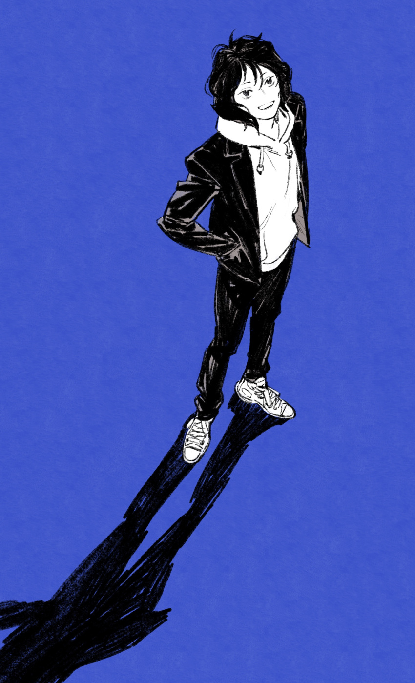 1boy absurdres androgynous blue_background chengongzi123 chinese_commentary commentary_request full_body greyscale greyscale_with_colored_background haikyuu!! hand_in_pocket highres hood hood_down hoodie jacket long_sleeves looking_at_viewer male_focus medium_hair monochrome open_mouth pants shadow shoes simple_background sneakers standing udai_tenma