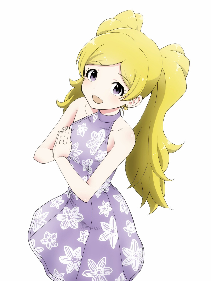 1girl bare_shoulders blonde_hair breasts collarbone cowboy_shot dot_nose dress earrings emily_stewart eyelashes floral_print floral_print_dress fluffy_hair highres idolmaster idolmaster_million_live! idolmaster_million_live!_theater_days jewelry looking_at_viewer matcha_kingyo official_alternate_costume open_mouth palms_together parted_bangs print_dress small_breasts smile solo twintails violet_eyes