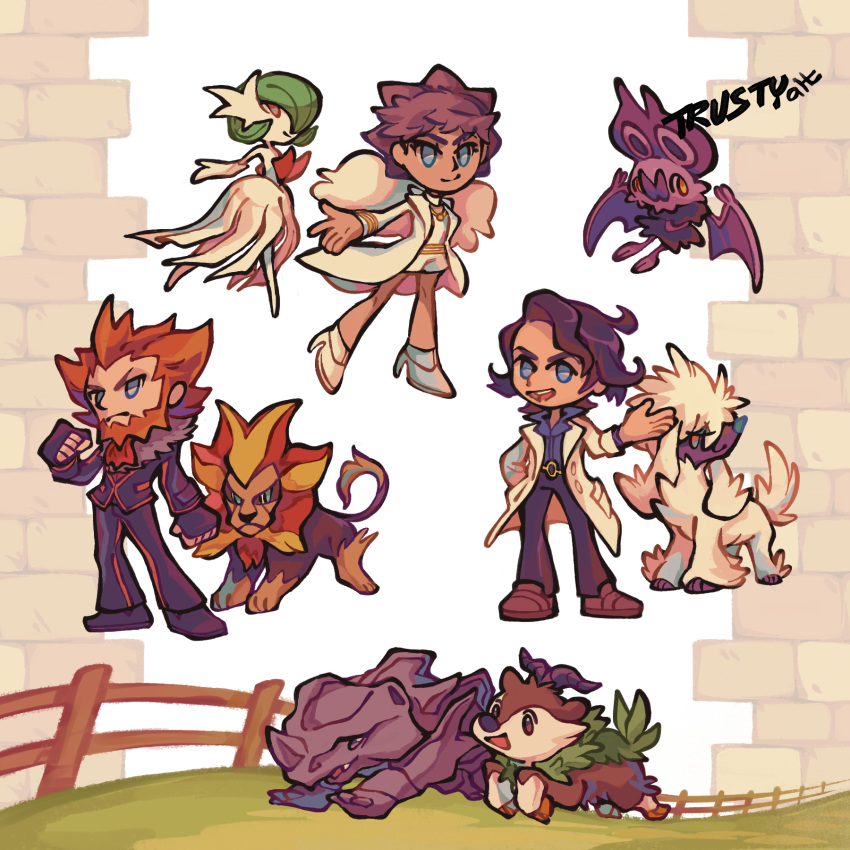 2boys 2girls artist_name augustine_sycamore black_gloves blue_eyes brown_hair colored_skin diantha_(pokemon) dress fence fingerless_gloves furfrou gardevoir gloves grass green_hair highres jacket lysandre_(pokemon) mega_gardevoir mega_pokemon multiple_boys multiple_girls noibat orange_hair pants pink_eyes pokemon pokemon_(creature) pokemon_xy purple_skin pyroar pyroar_(male) rhyhorn skiddo trustyalt white_dress white_fur white_jacket white_shoes white_skin wooden_fence