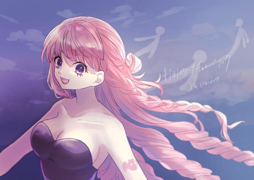 1girl absurdres arm_tattoo black_dress blunt_bangs braid clouds commentary_request dress drill_hair eyelashes floating_hair ghost half_updo highres long_hair one_piece open_mouth perona pink_eyes pink_hair sizukawatanuk1 smile solo strapless strapless_dress tattoo