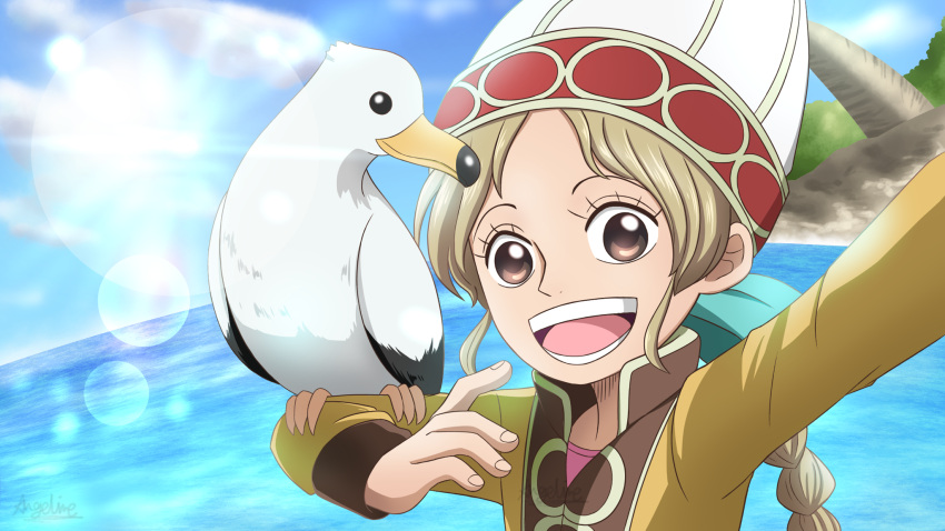 1girl animal_on_arm apis_(one_piece) arm_up artycomicfangirl bird bird_on_arm blonde_hair braid braided_ponytail brown_eyes clouds collared_dress derivative_work dress eyelashes hat highres long_sleeves looking_at_viewer ocean one_piece open_mouth parted_bangs pink_shirt screencap_redraw seagull shirt sky smile solo sun tree upper_body