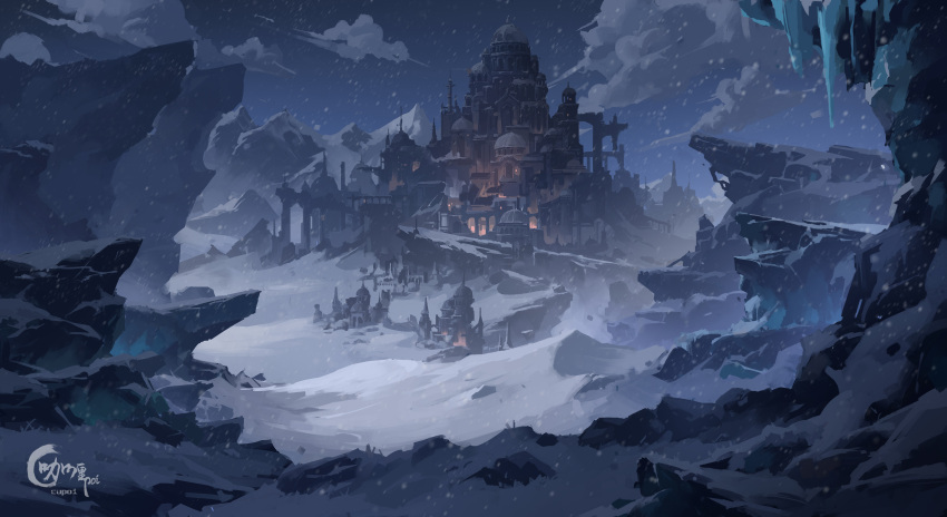 absurdres arch castle chigalidepoi cliff clouds cloudy_sky dome genshin_impact highres icicle jagged_rocks landscape mountain nature night night_sky no_humans outdoors ravine scenery sky snow snowing spire watermark