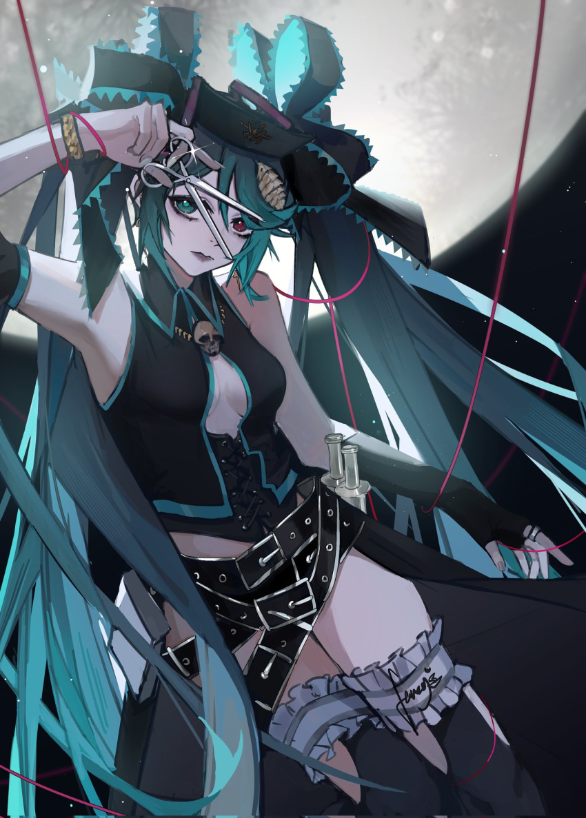 alternate_costume aqua_eyes arm_up belt black_belt black_corset black_lips black_shirt black_thighhighs blue_hair bracelet breasts bridal_garter cleavage_cutout closed_mouth clothing_cutout collared_shirt corset cowboy_shot efanziyu gloves hatsune_miku heterochromia highres holding holding_scissors jewelry long_hair moon multiple_belts no_pants red_eyes scissors shirt single_glove sleeveless sleeveless_shirt small_breasts sparkle string string_of_fate thigh-highs vocaloid