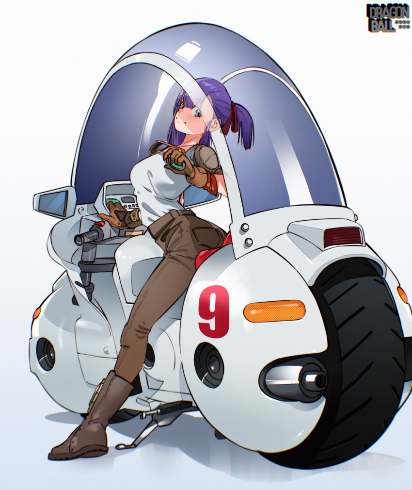 1girl breasts brown_pants bulma cesar_art456 commentary_request copyright_name dragon_ball dragon_ball_(classic) dragon_radar from_behind goggles goggles_around_neck highres looking_at_viewer looking_back medium_breasts medium_hair motor_vehicle motorcycle on_motorcycle pants ponytail purple_hair shirt simple_background solo violet_eyes white_background white_shirt