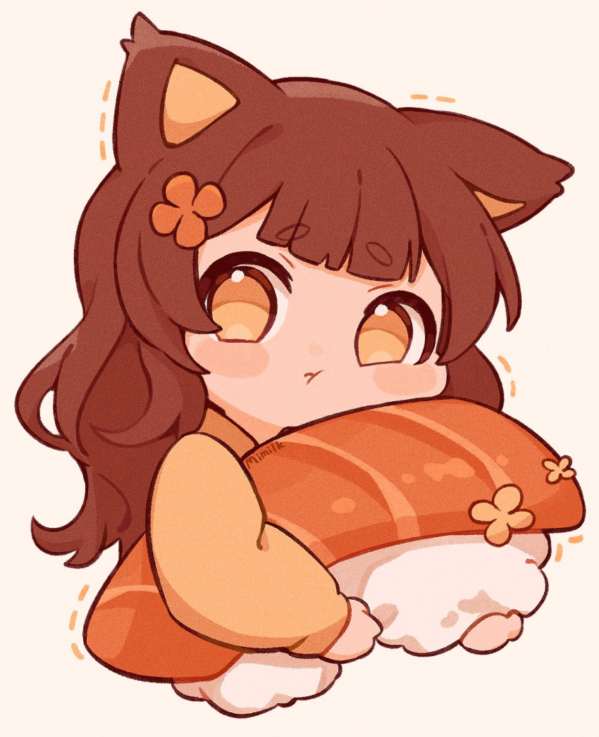 1girl :t animal_ears artist_name blunt_bangs brown_eyes brown_hair brown_shirt cat_ears chibi closed_mouth commentary_request cropped_torso film_grain fish_(food) flower food hair_flower hair_ornament highres holding hugging_object long_hair long_sleeves looking_at_viewer nigirizushi original oversized_food oversized_object rice salmon shirt simple_background solo sushi tetolapis thick_eyebrows wavy_hair